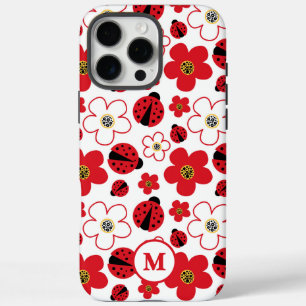Coques iPhone 16 Pro Max Dame coccinelle rouge et blanche à motif floral et