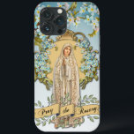 Case-Mate iPhone Case Dame de Fatima Vierge Marie Bleu Floral Religieux<br><div class="desc">Avec une belle image traditionnelle catholique de la Sainte Vierge Marie,  Notre-Dame de Fatima avec des notes d'oubli bleues et une bannière en or en bas qui dit PRIEZ LE ROSARI.</div>