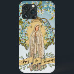 Case-Mate iPhone Case Dame de Fatima Vierge Marie Bleu Floral Religieux<br><div class="desc">Avec une belle image traditionnelle catholique de la Sainte Vierge Marie,  Notre-Dame de Fatima avec des notes d'oubli bleues et une bannière en or en bas qui dit PRIEZ LE ROSARI.</div>