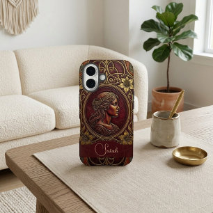 Coques iPhone 16 Dame victorienne vintage cuir bordeaux chic