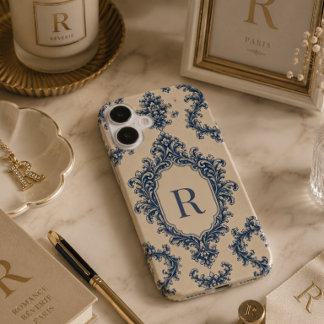 Coques iPhone 16 Damier Bleu Personnalisé avec Monogramme