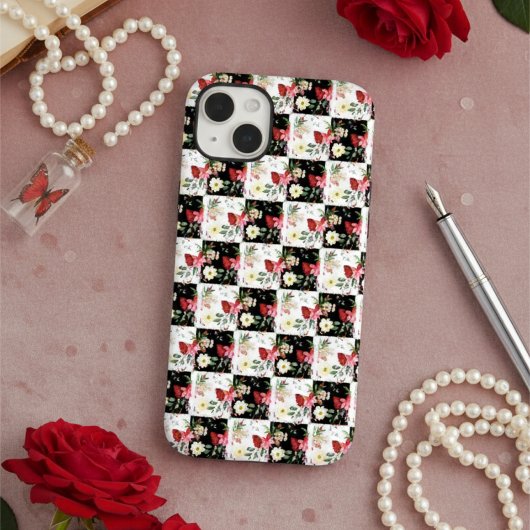 Coques Case-Mate iPhone damier noir et blanc chic fleurs roses