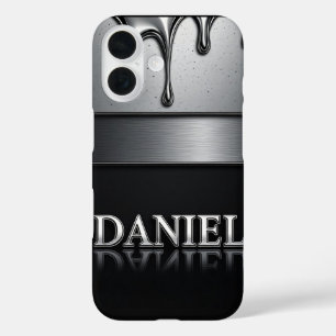Coques iPhone 16 Daniel Nom avec Métal Liquide qui Tombe