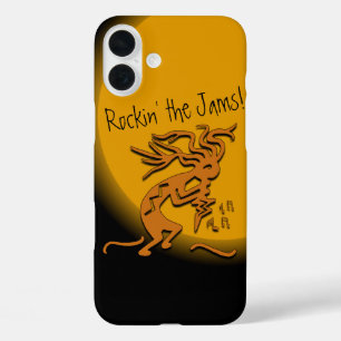 Coques iPhone 16 Plus Danse Musicien Kokopelli Avec Notes Flottttantes