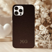 Coques Case-Mate iPhone Dark Brown Faux Leather and Gold Monogram Initials