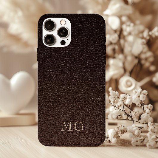 Coques Case-Mate iPhone Dark Brown Faux Leather and Gold Monogram Initials