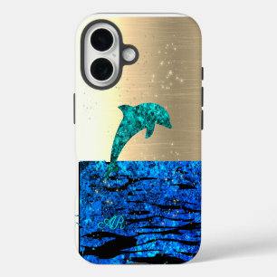 Coques iPhone 16 Dauphin dans la mer, scintillant, monogrammé