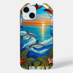 Coque Pour iPhone 15 Dauphins sautant au coucher du soleil sur l'océan