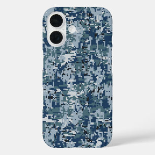 Coques iPhone 16 Décor de camouflage numérique bleu marine sur un