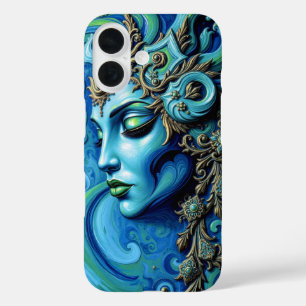 Coques iPhone 16 Déesse Fantastique Mystique Sarcelle et Or Élégant