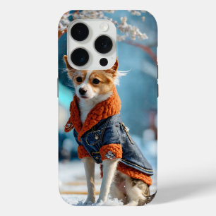 Coque iPhone 15 Pro Défilé de mode canine – Scène hivernale de dessin