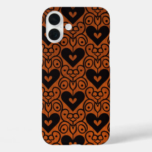 Coques iPhone 16 Plus Défilement élégant et Coeurs noirs sur cuivre
