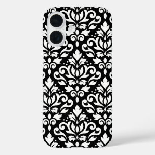 Coques iPhone 16 Défiler Damask blanc sur noir Grand Motif