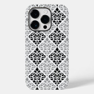 Coque Pour iPhone 14 Pro Défiler Damask Grand Motif noir gris blanc
