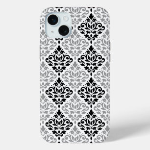 Coque iPhone 15 Mini Défiler Damask Grand Motif noir gris blanc