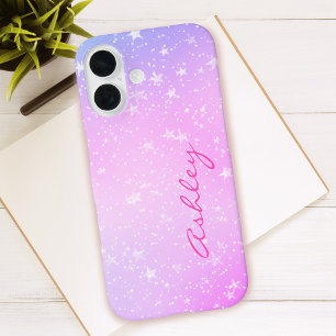 Coques iPhone 16 Dégradé violet et rose, étoiles blanches et nom en