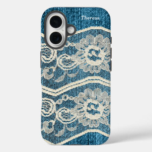 Coques iPhone 16 Déni bleu tendance et dentelle blanche