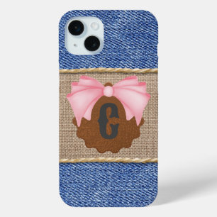 Coque iPhone 15 Mini Denim personnalisé & Cuir avec Nœud Rose