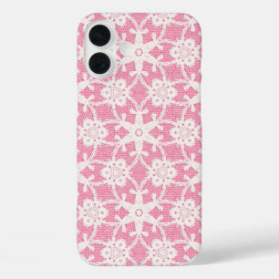 iPhone 16 Plus Case Dentelle antique - blanc et rose rose