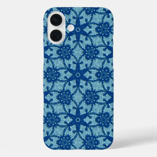 iPhone 16 Plus Case Dentelle antique - saphir et bleu pâle