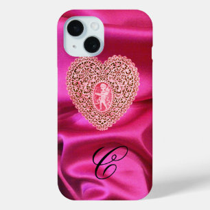 COQUE POUR iPhone 15 DENTELLE DE CUPIDON COEUR SOIE ROSE FUCHSIA TISSU