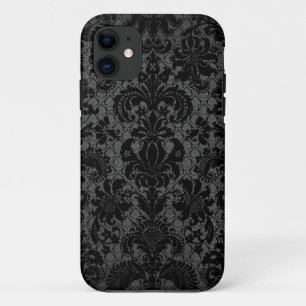 Coque iPhone 11 dentelle fausse motif damassé noir gris
