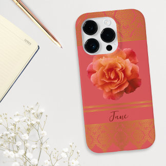 Coque Pour iPhone 14 Pro Dentelle Fille Florale Rose et Dorée Damas