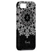 Coques Case-Mate iPhone Dentelle florale blanche Damas noires Monogramme (Dos/Droit)