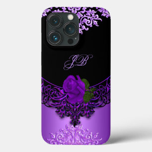 iPhone 13 Pro Coque Dentelle florale Rose violette Noire