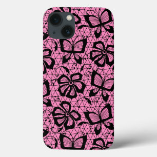 Etui iPhone 13 dentelle motif à papillons