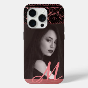 Coque iPhone 15 Pro Dentelle noire sur or Rose - Photo personnalisée e