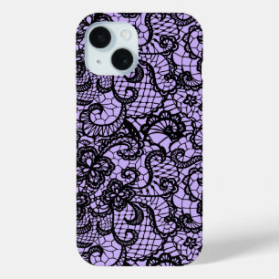 Coque Pour iPhone 15 Dentelle noire sur violet
