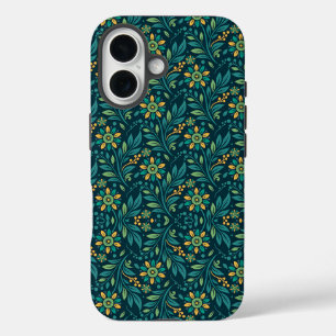 Coques iPhone 16 Design élégant à motif floral jaune et sarcelle