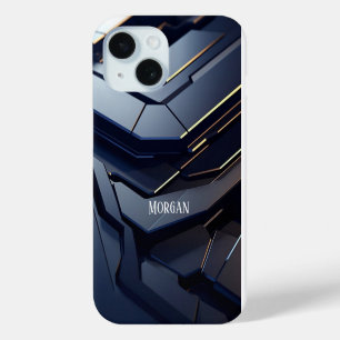 Coque Pour iPhone 15 Design Géométrique Moderne Noir & Gris, Nom Blanc