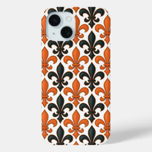 Coque Pour iPhone 15 Design Motif Orange noir baroque Fleur-de-lis
