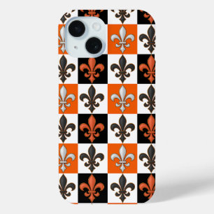 Coque Pour iPhone 15 Design Orange Noir Blanc À damiers Fleur de lis