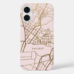 Coques iPhone 16 Design tendance Blush et Faux Gold Map avec nom