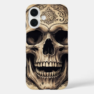 Coques iPhone 16 Dessin à l'encre d'une tête de mort sur la couvert