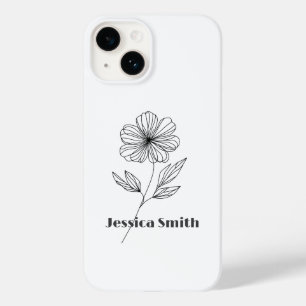 Coque Pour iPhone 14 Dessin au trait de fleur minimaliste nom personnal