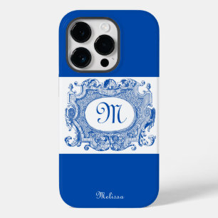Coque Pour iPhone 14 Pro Dessin de monogramme de cartouche antique bleu