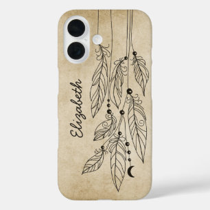 Coques iPhone 16 Dessin de plumes bohèmes Fond vintage