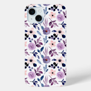 Coque iPhone 15 Mini Dessin floral délicat avec feuilles de lavande mar