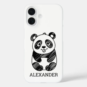 Coques iPhone 16 Dessin minimaliste de panda blanc et noir