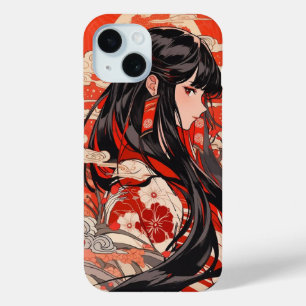 Coque Pour iPhone 15 dessin traditionnel japonais de red anime girl