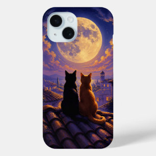 Coque Pour iPhone 15 Deux chats regardant le ciel nocturne de la pleine