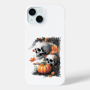 Coque Pour iPhone 15 Deux crânes et un citrouille parmi les fleurs.