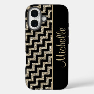 Coques iPhone 16 Diagonal Black Chevron Gold Personnalisé