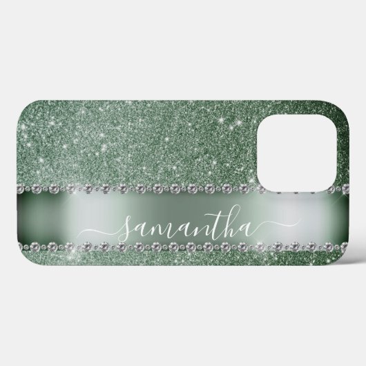 Coques Case-Mate iPhone Diamant Parties scintillant verte Calligraphie Nom (Verso (horizontal))