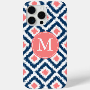 Coque iPhone 15 Pro Max Diamants bleu et corail monogrammes Ikat Motif