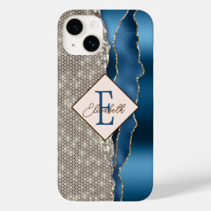 Coque Pour iPhone 14 Diamants d'agate bleu indigo modernes